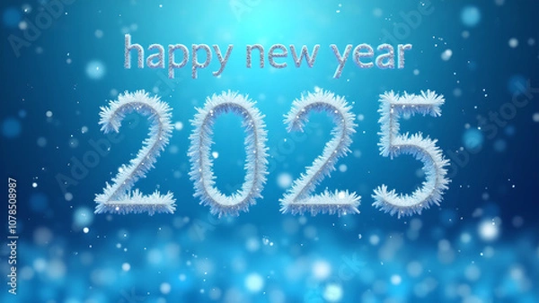 Fototapeta Happy New Year 2025 in frost style on blue background with snowfall. Winter holiday design with number 2025, bokeh, and falling snow