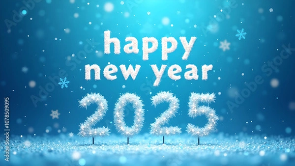 Fototapeta Happy New Year 2025, Text with white fur snow falling on a blue background. Festive design for holiday greetings, celebrations, and winter events.