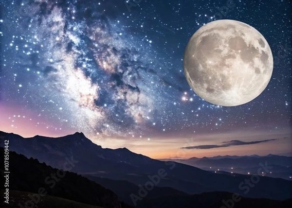 Fototapeta Enchanting Lunar Landscape with Stars and Mountains, Captivating Night Sky Over the Moonlit Terrain with Ample Copy Space for Text or Branding