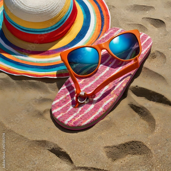 Fototapeta Brightly colored beach gear including sandals