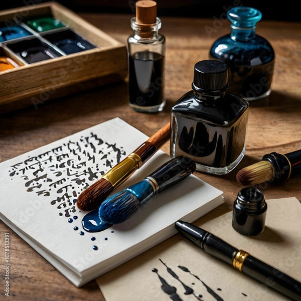 Fototapeta Calligraphy brushes and pens placed alongside each other showcase