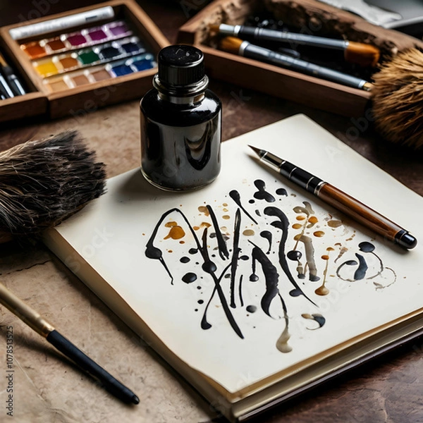 Fototapeta Calligraphy brushes and pens placed alongside each other showcase