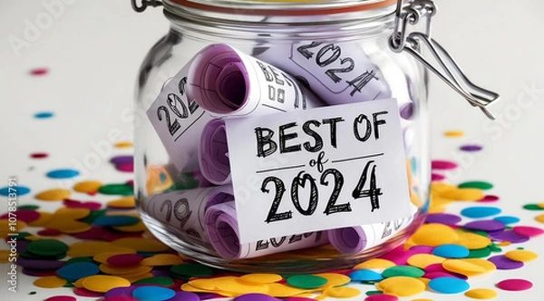 Fototapeta A glass jar filled with rolled papers labeled "Best of 2024," surrounded by colorful confetti, celebrating achievements or memories.