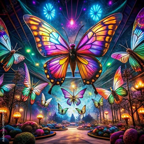 Obraz Oversized insects in a surreal, fantastical setting with vibrant colors,