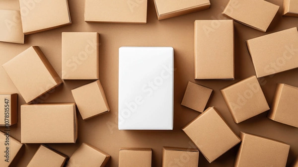 Fototapeta Brown cardboard boxes scattered on a surface with one prominent white box in the center. Pattern of rectangular packaging materials emphasizing the contrast between the central box and others.