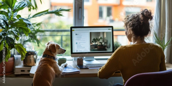 Obraz A freelancer attending a virtual meeting from a cozy home office while their pet dog sits nearby