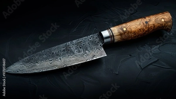 Fototapeta A Damascus steel chef's knife with a wooden handle, lying on a black background.