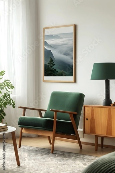 Fototapeta Soothing room environment with a minimalistic modern cinematic poster encased in a wooden frame AI generated illustration