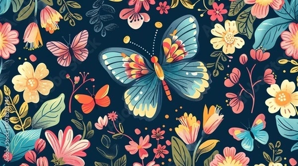 Fototapeta A seamless pattern of flowers and butterflies on a dark blue background.