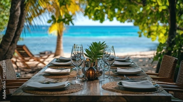Fototapeta Table setting on a tropical beach. This photo is perfect for showcasing the beauty of a luxurious beachside dining experience.