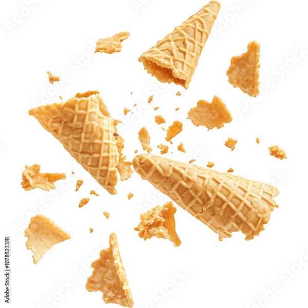 Fototapeta Description: Broken waffle cones, with large and small pieces scattered around on a white background. The cones have a crisp, golden-brown texture and a classic lattice pattern, creating a sense of mo