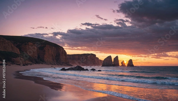 Fototapeta The sun sets behind rocky cliffs on a beach
