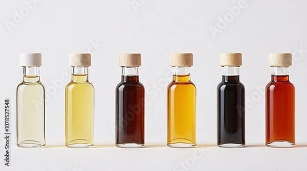 Fototapeta Culinary Canvas: A Spectrum of Flavors in Glass Bottles with Wooden and White Caps