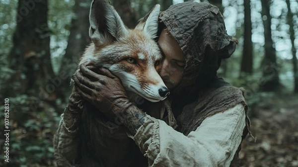 Fototapeta A portrait of a man and a fox embracing in a mystical forest. The image evokes themes of companionship, harmony with nature, and the deep bond between humans and animals. Perfect for nature lovers.