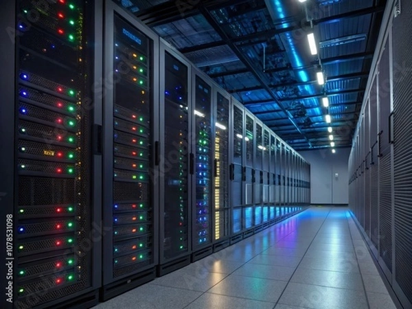 Obraz Inside a High-Tech Data Center: A Walkthrough of Rows of Servers with Colorful Indicators and Ambient Lighting, Highlighting Advanced Technology and Modern Infrastructure