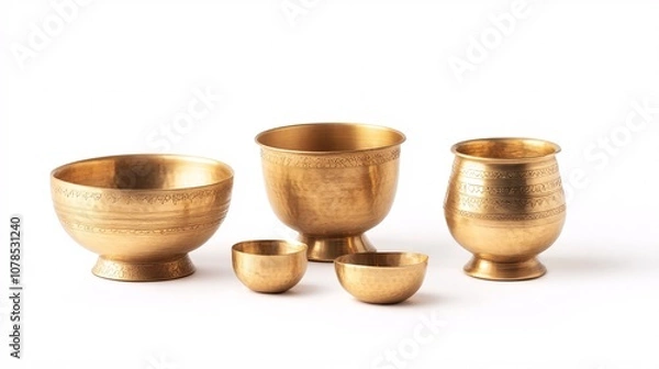 Fototapeta Golden Brassware: A Collection of Ornate Bowls, Chalices, and Goblets. Explore the Beauty of Traditional Ritualistic and Ceremonial Objects.