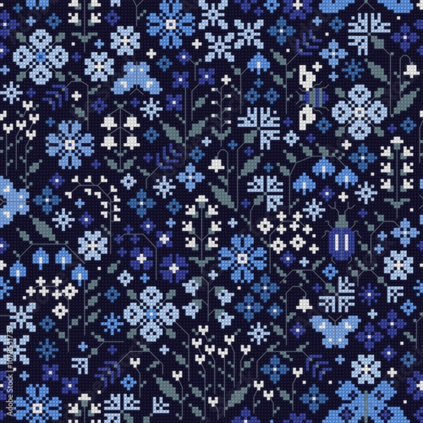 Fototapeta Floral seamless pattern. Imitation cross stitch. Deep blue.