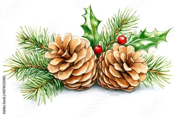 Fototapeta Festive arrangement of pinecones holly berries and fir branches displayed as natural seasonal decor for holiday inspired interior designs
