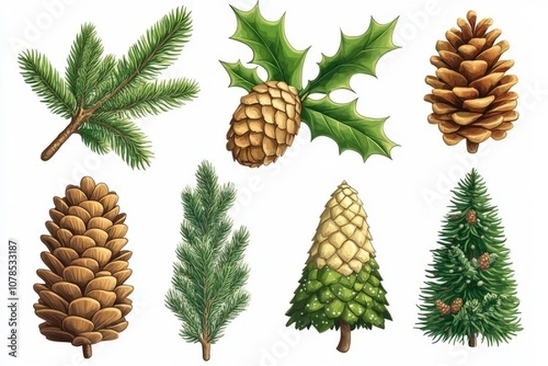 Fototapeta Botanical mix of pinecones holly leaves and fir sprigs in a flat lay style emphasizing evergreen textures and holiday themed elements for eco friendly seasonal design