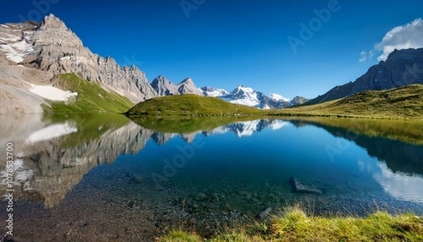 Fototapeta a serene alpine lake nestled between towering mountains reflecting the surrounding peaks and the clear blue sky creating a tranquil and picturesque mountain scene