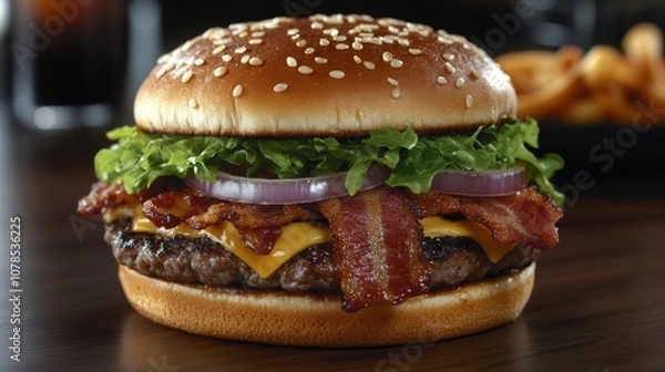 Fototapeta Delicious bacon cheeseburger with lettuce and onions served on a sesame seed bun