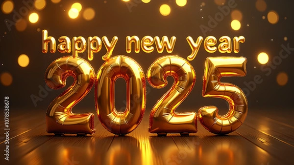 Fototapeta Golden balloons spelling out "2025" with a background of glittering bokeh. A festive and celebratory image for the new year.