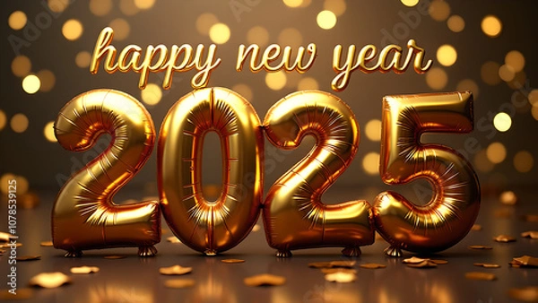 Fototapeta Golden balloons spelling out 2025 with confetti. Happy New Year celebration.