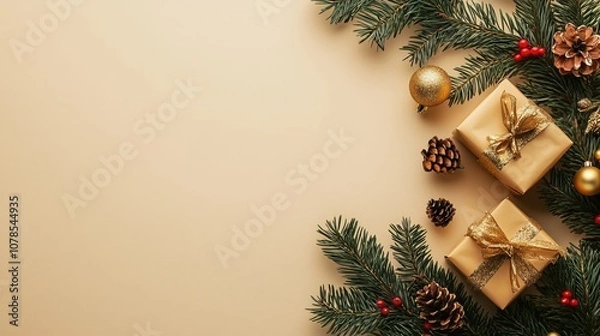 Fototapeta Light brown background featuring golden Christmas decorations and gift boxes, creating an elegant and festive New Year's atmosphere. High-resolution,