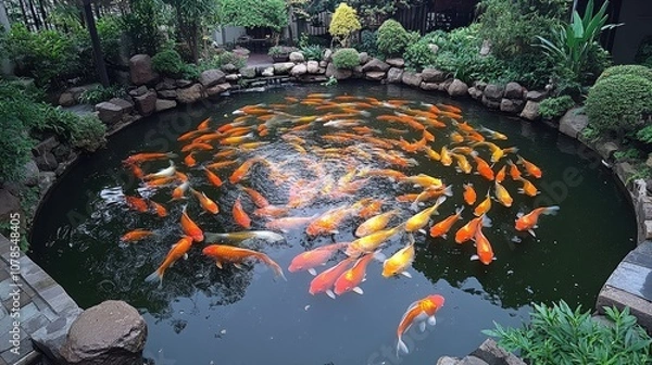 Fototapeta A serene pond with vibrant Koi fish swimming in a circular pattern surrounded by lush greenery.