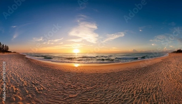 Fototapeta sunset beach panorama the sunsets on the shores of a wide sandy beach in panoramic orientation