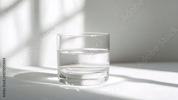 Fototapeta A glass of pure water. Clear glass with water on a white surface with window shadow. Refreshing and hydrating still life.