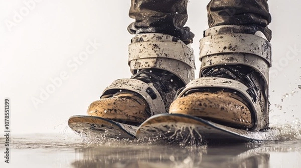 Fototapeta Muddy Wakeboarding Boots Skimming Water Surface: Dynamic Close-Up of Watersports Action