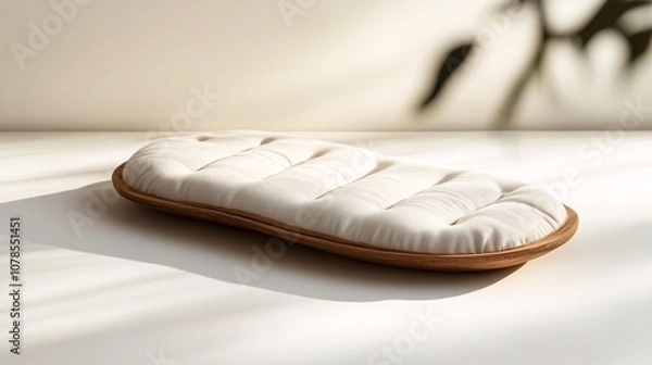 Fototapeta Exquisitely Crafted Comfort: Wooden and Fabric Cushion for Relaxation and Serenity in Natural Light