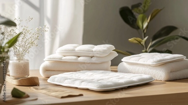 Fototapeta Soft, Plush White Towels and Cloths on Wooden Table: A Minimalist Home Decor for Comfort, Relaxation, and Wellness
