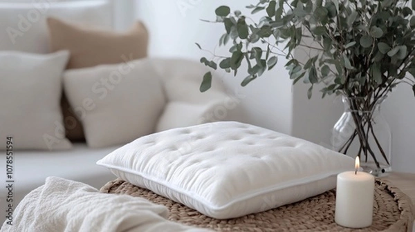 Fototapeta Cozy Home Decor: White Cushion, Eucalyptus, and Candlelight - Creating a Tranquil Atmosphere