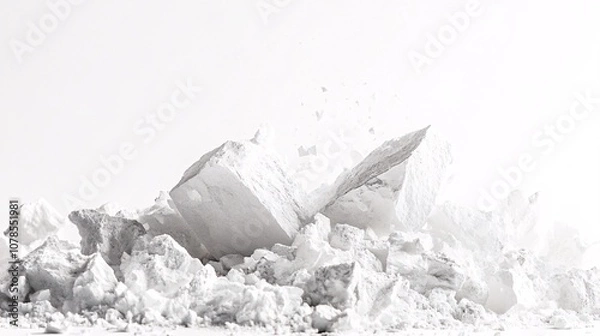 Fototapeta Abstract Composition of White Chalk Dust and Stone Fragments on White Backdrop