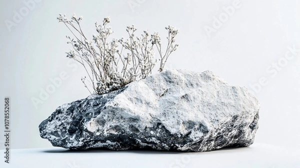 Fototapeta Delicate Dried Flowers on a Textured Rock: A Study in Contrast and Minimalist Beauty