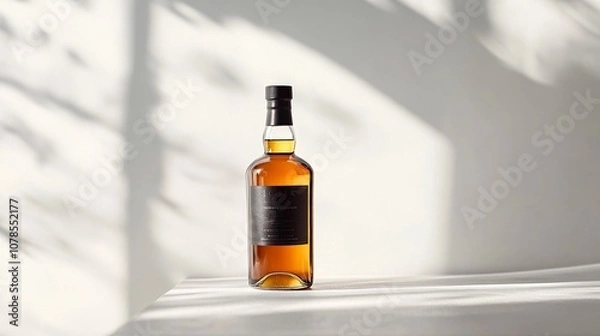 Fototapeta Exquisite Amber Elixir: A symphony of light and shadow dances upon a bottle of fine spirits, capturing the essence of indulgence and craftsmanship.