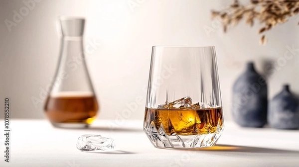 Fototapeta Crystal Whiskey Glass with Ice: A Luxurious Toast to Elegance and Refinement. Discover the art of savoring fine spirits. #whiskey #glass #ice #luxury