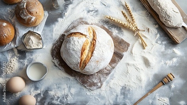 Fototapeta Freshly Baked Bread: A Rustic Bakery Scene with Flour, Dough, and Ingredients