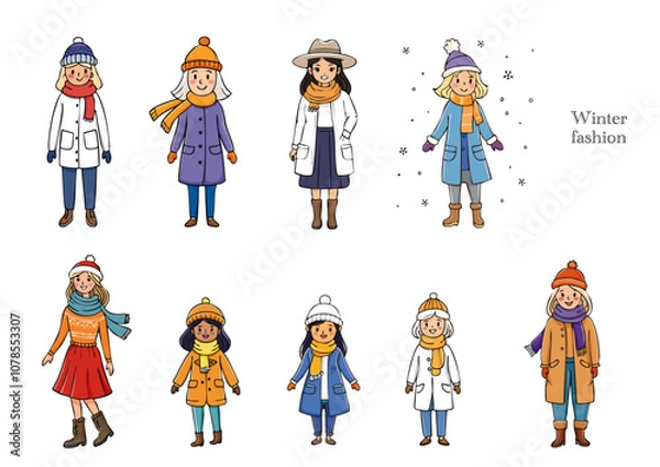 Fototapeta 冬のファッションのかわいい女の子のイラストセット