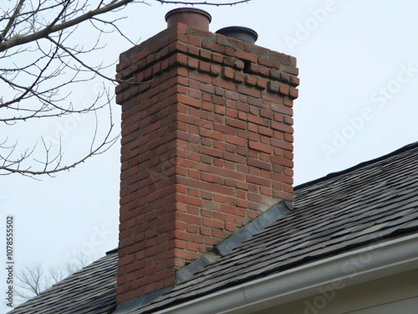 Fototapeta Rustic Brick Chimney Against Clear Sky & Weathered Roof - Tranquil Landscape