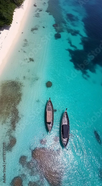 Fototapeta Two boats are anchored near a white sand beach and turquoise water. The boats are visible from an aerial perspective, making for a picturesque tropical scene