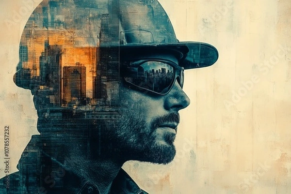 Fototapeta abstract collage of man in helmet and city