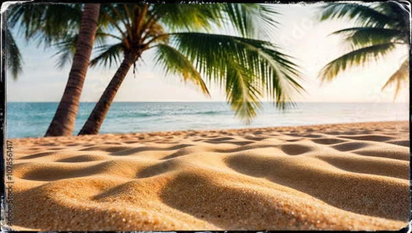 Fototapeta ビンテージ調で描かれたヤシの木と熱帯の砂浜が広がる懐かしいビーチの風景。生成AI