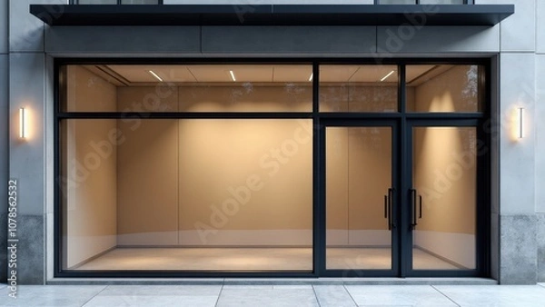 Obraz Modern storefront mockup with a sleek glass window design, ready for custom logos and branding.