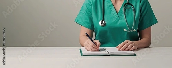 Obraz A healthcare professional in green scrubs writes notes with a stethoscope nearby, symbolizing medical practice and patient care.