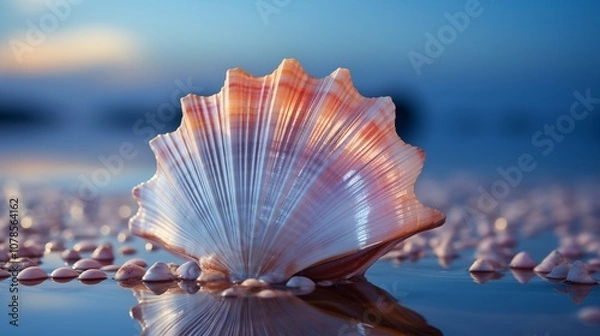 Fototapeta Intricate sea shell close-up on a blue background, showing natural texture and ocean-inspired elegance for decor and design.