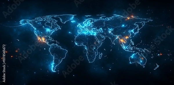 Fototapeta The grid sector of a modern blue world map with an distributing point light and a wave wireframe. Concepts of digital communication.