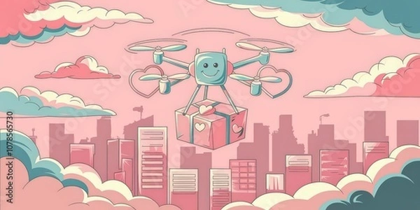 Fototapeta Cute Cartoon Drone Delivering Gift Box Surrounded by Soft Clouds and City Skyline in Pastel Colors on a Bright Day